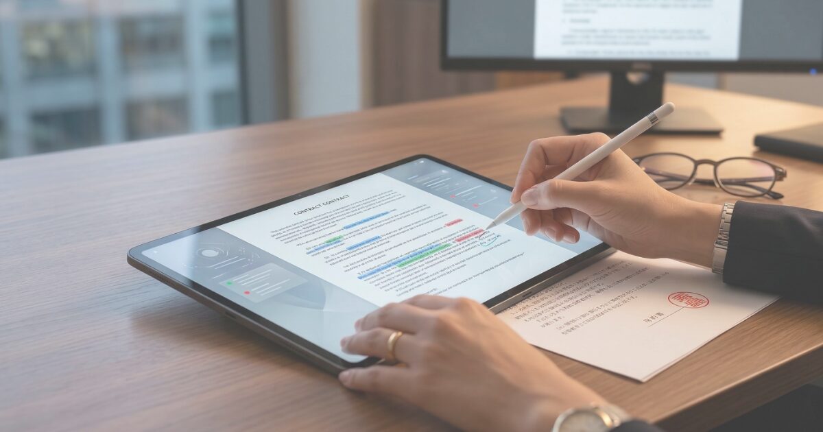 AIの契約書レビュー画面を確認し、最終的な判断を行う弁護士の手元イメージ